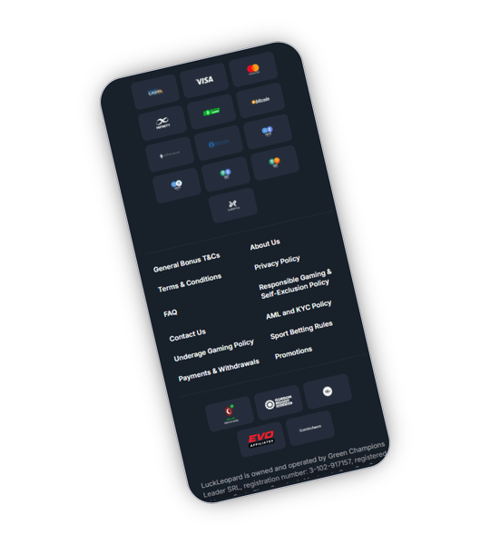 LuckLeopard Casino payments screen with Visa, Mastercard, MiFinity, Cashlib, Bitcoin, Ethereum, USDT and Solana