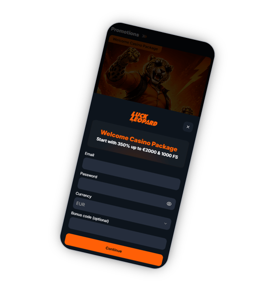 LuckLeopard Casino registration screen with email, password, currency selector and bonus opt-in